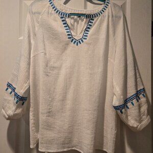 Talbots Ladies White/Turquoise Embroidered Cotton Tunic Size XL